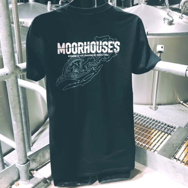 Back of Moorhouse's Black Short Sleeve T-Shirt with Moorhouse's logo large across the back and a graphic outline of Pendle Hill.