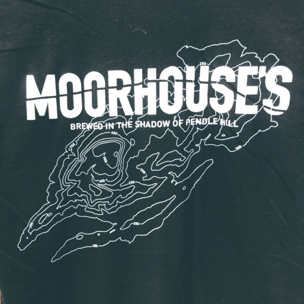 A close up back shot of Moorhouse's Black Short Sleeve T-Shirt with Moorhouse's logo large across the back and a graphic outline of Pendle Hill.