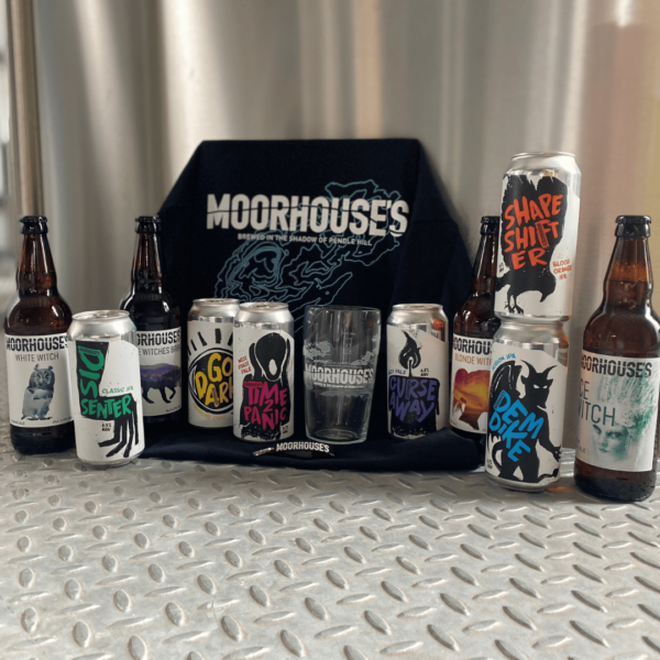 A selection of each of our Moorhouse's beers, with a branded t-shirt, pint glass and a bottle opener.