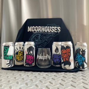 A selection of our Moorhouse's craft beers, with a branded t-shirt and matching glass.