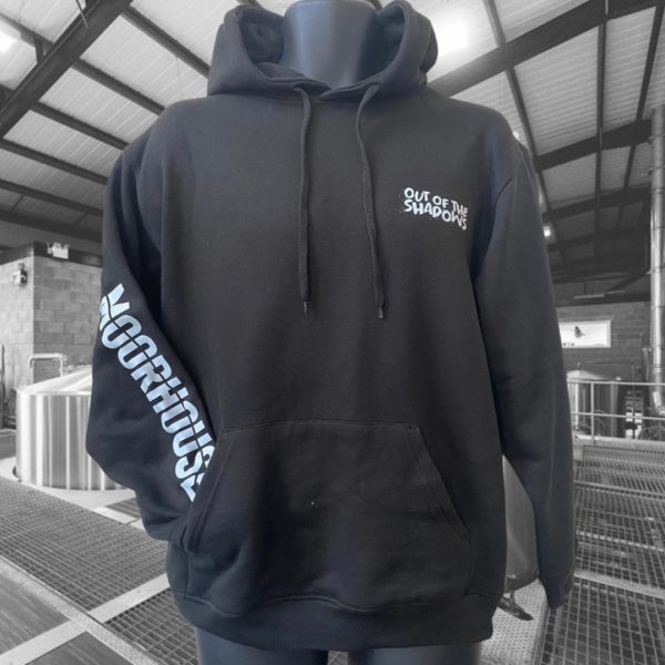 Black unisex hoodie with Out of the Shadows Moorhouse's branding on chest and sleeve.